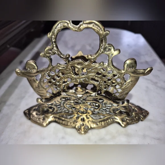 Vintage 1960s Brass Filigree Cherub Bill Letter Napkin Holder Organizer MCM - Picture 2 of 4